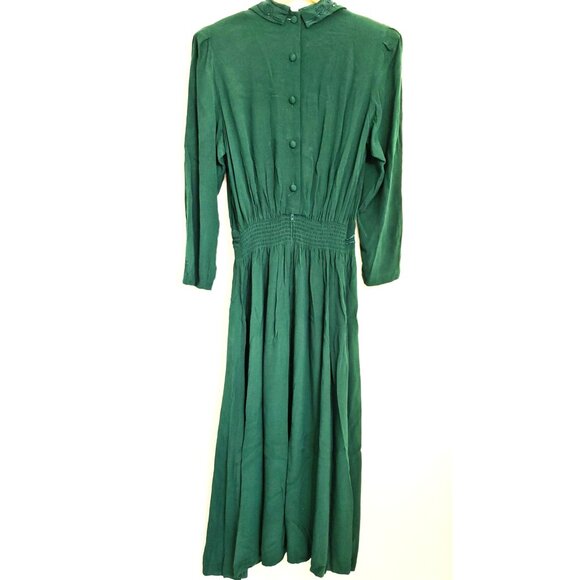 Karin Stevens Gown | 1980s Drop Waist Dress | Forrest Green Pleated Modest Frock - Picture 2 of 7